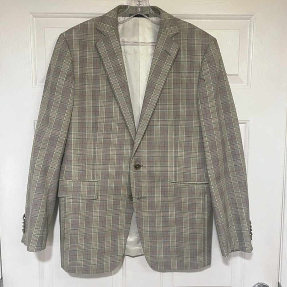 Mens 40R Cotton Duchamp London Tailored Fit Grey Brown Plaid‎ Blazer Jacket